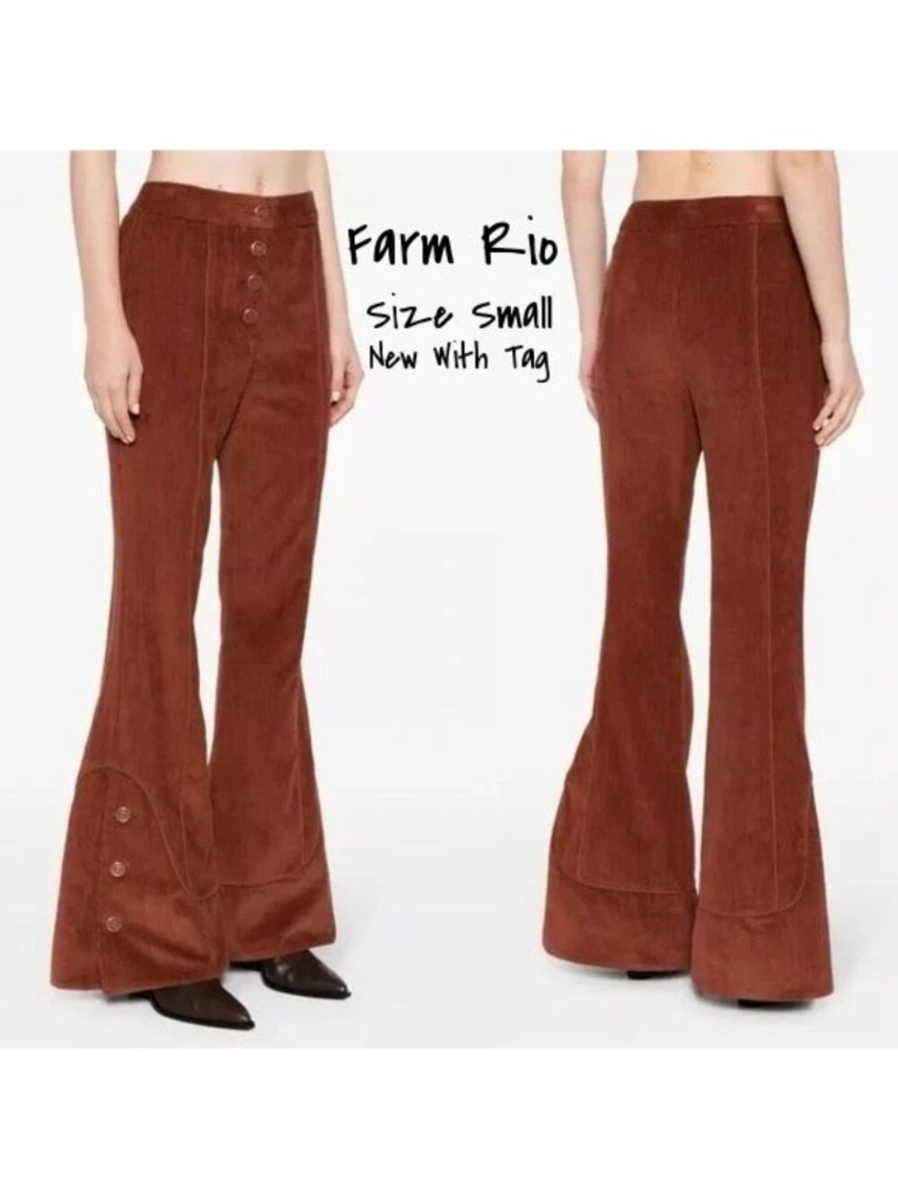 Farm Rio Women's High-Waisted Brown Corduroy Flared Trousers, Size Small New